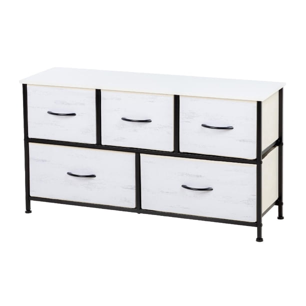 Cómoda Cajonera KingsHouse con 5 Cajones de Tela Estructura de Acero y Tablero de Madera 100x30x54 cm blanco
