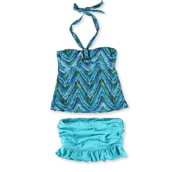Island Escape Womens Patterned Ruffle Skirtini 2 Piece Bandeau, Blue, 8