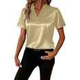 thumbnail image 2 of Endives Womens Satin T-shirt V Neck Short Sleeve T Shirt Elegant Blouse Womens Top Summer Outfits Khaki, 2 of 7