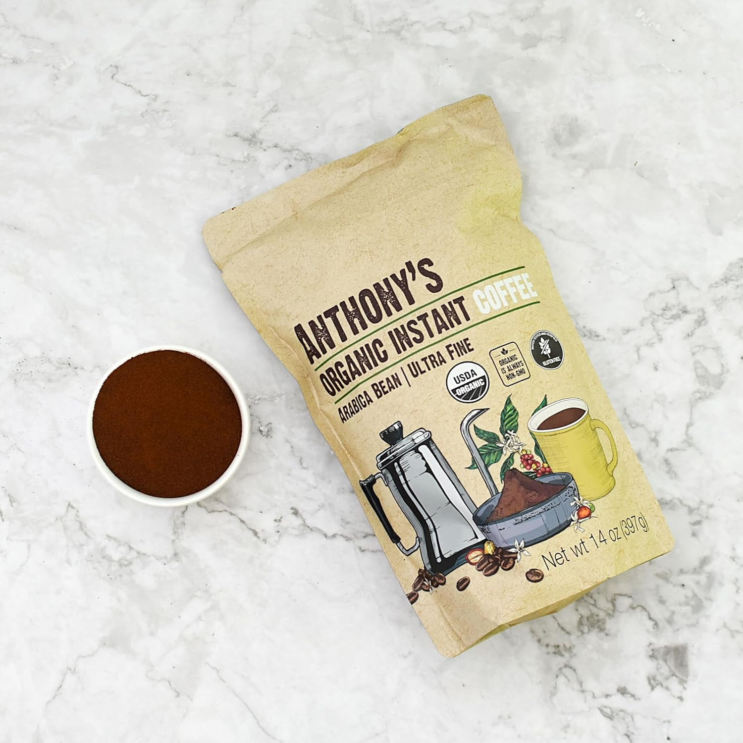 Anthony's Organic Instant Coffee, 1 lb, Ultra Fine Microground, Gluten Free, Arabica, Non GMO