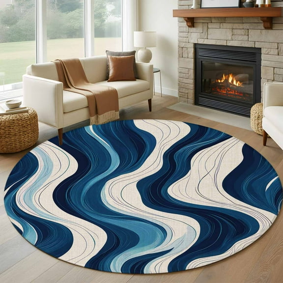 Geometric Blue Round Rug 5ft Washable Circle Kitchen Rugs Non Slip Vintage White Stripe Coastal Sea Wave Large Area Rug Indoor Floor Carpet for Bedroom Living Room Home Office Dining Room Nursery