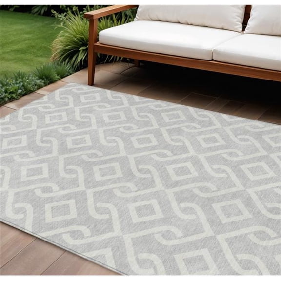 HomeRoots 578967 8 x 10 ft. Geometric Washable Indoor & Outdoor Rectangle Area Rug, Silver & Ivory