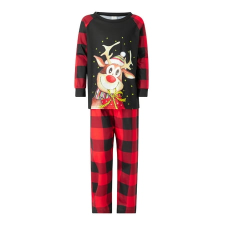 

Amuver Family Matching Christmas Pajamas Sets Baby Romper/Elk Print Long Sleeve Tops + Plaid Pants Loungewear Suit