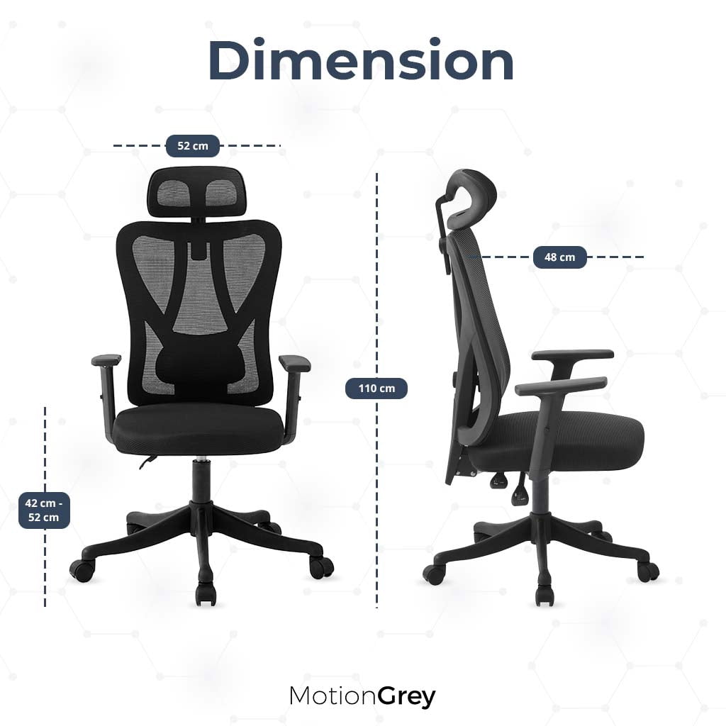 MotionGrey Stylish Ergonomic High Mesh Office Chair with Adjustable Head, Armrest & Lumbar Support - Advanced