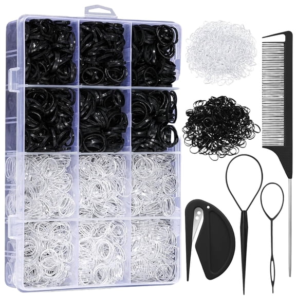 Hair Rubber Bands Kit 2200 Pcs, Black and Clear Small Elastic Ties with Storage Box and Styling Tools