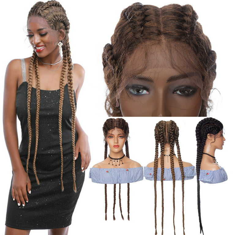 SEGO 35 Extra Long 100% Hand Braided 360 Swiss Lace Front Light Brown  Double Dutch Braided Wigs with Baby Hair for Women Heat Resistant  Lightweight