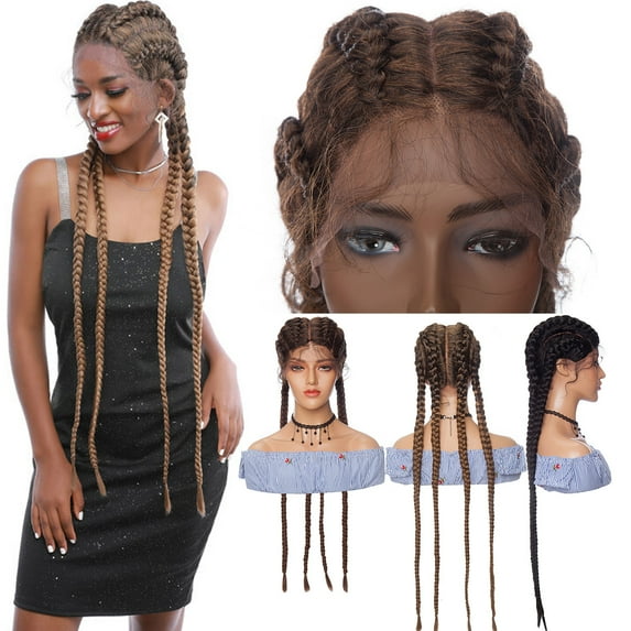 SEGO 35" Extra Long 100% Hand Braided 360 Swiss Lace Front Light Brown Double Dutch Braided Wigs with Baby Hair for Women Heat Resistant Lightweight Synthetic Cornrow Braids Twisted Braids Wig