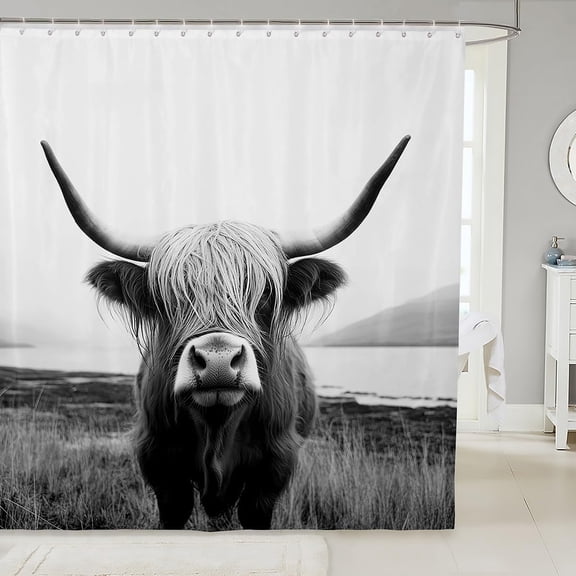 Black and White Highland Cow Shower Curtain Farmhouse Animal Bath Curtain for Bathroom 71x71 inches