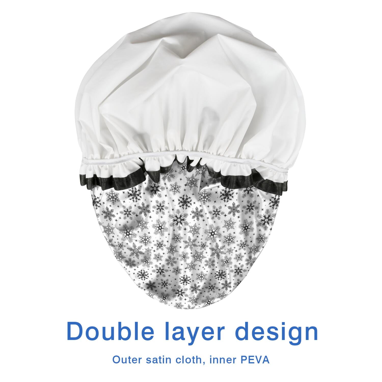Shower Caps,Black and White Christmas Snowflake Pattern Waterproof Shower Cap for Women 4 Pieces,Double Reusable Hair Cover for Shower PEVA Elastic Stretch Hem