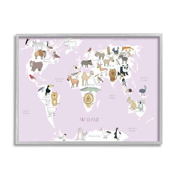 Stupell Industries Kid's Map of the World with Animals Light Pink Kids Painting Gray Framed Art Print Wall Art, 24 x 30, Design by Carla Daly