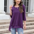 thumbnail image 2 of Women Casual Top Round Neck Three Quarter Sleeve Splicing Hem Pure Color Loose Fit Lady Pullover Top for Travel Daily Purple XL, 2 of 6