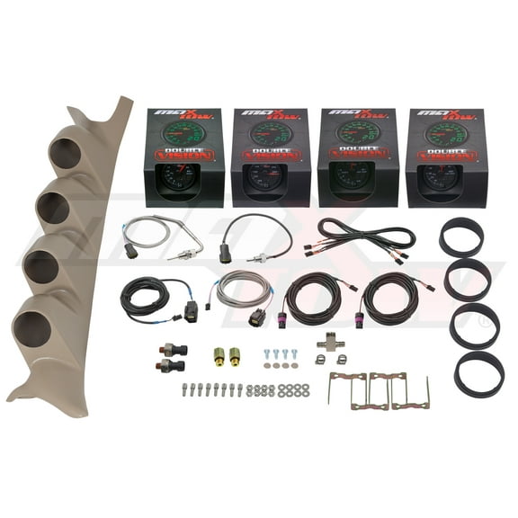 GlowShift | Tan Quad Gauge Pillar Pod for 1999-2007 Ford Super Duty Powerstroke with Black & Green Double Vision Series 60 PSI Boost, 1500F Pyrometer EGT, Trans Temp & 100 PSI Fuel Pressure Gauges