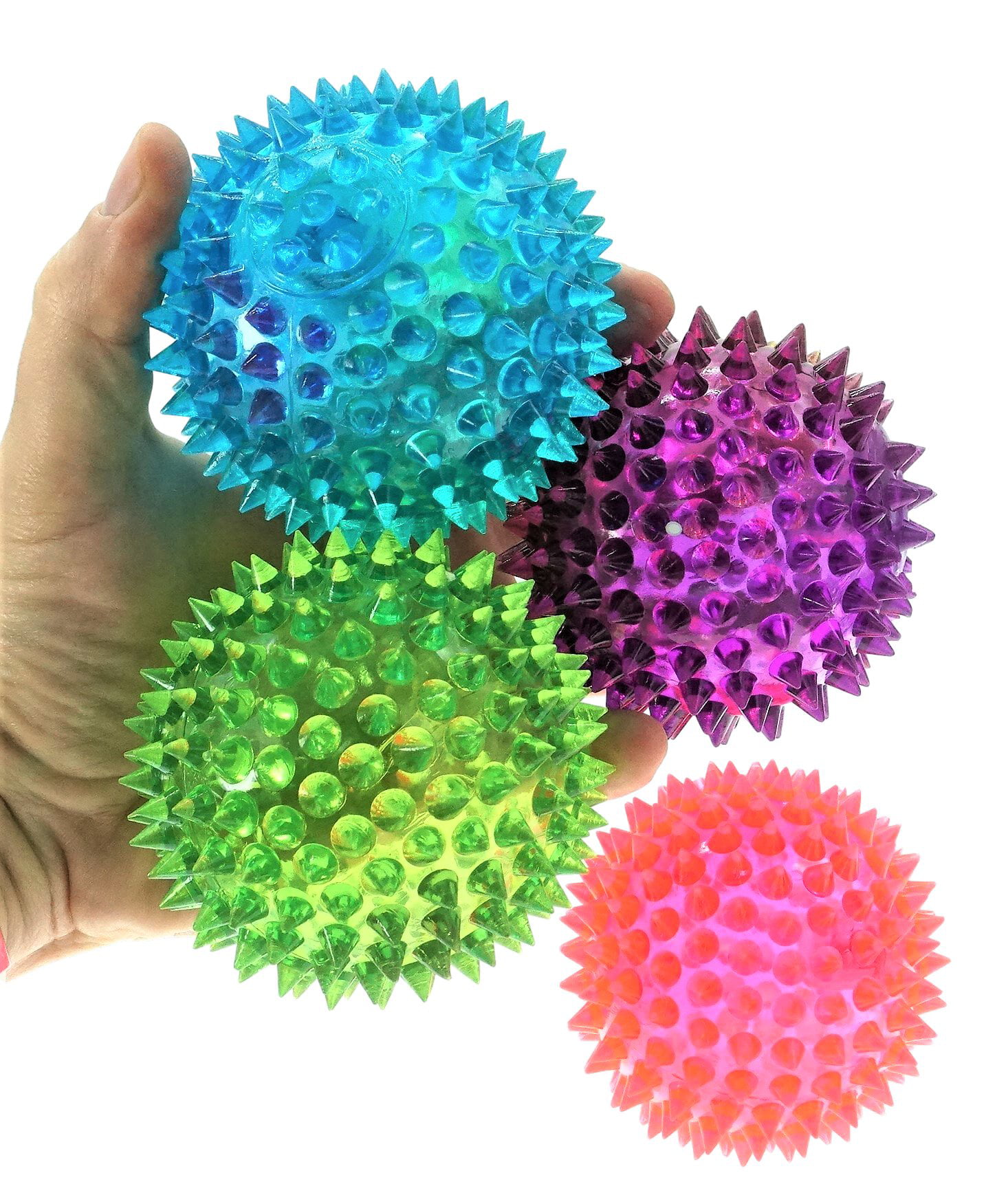 699-4s Strobe Flashing Lights Soft Colorful Cool Bouncy Stress Ball Fidget Ball Toy Therapy Balls Plus 1 Sticker Pack of 4 Balls Large 3.25 Light Up Spike Rubber Ball Party Favor in Bulk 