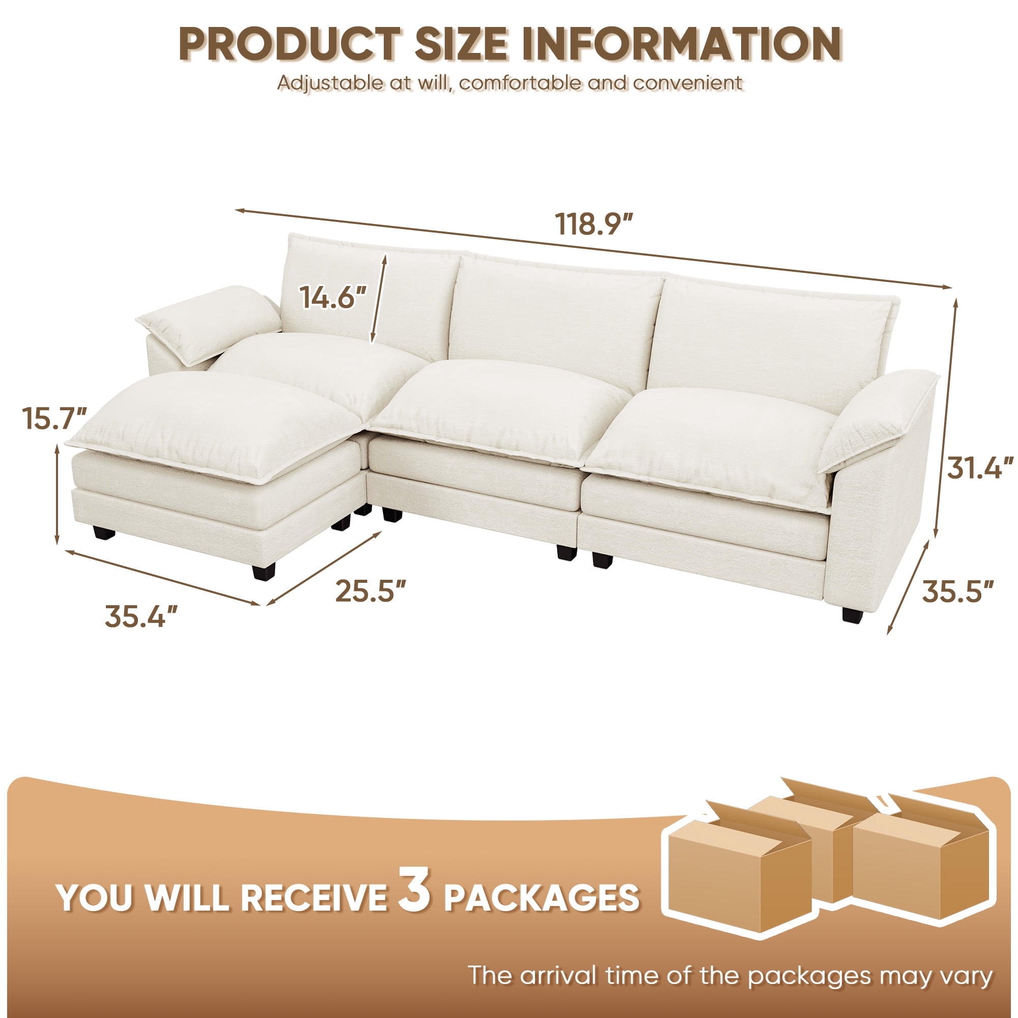 Homall Sectional Sofa 3-seat L-shaped Sofa with reversible toffee chair Movable Footrest Sofa,White
