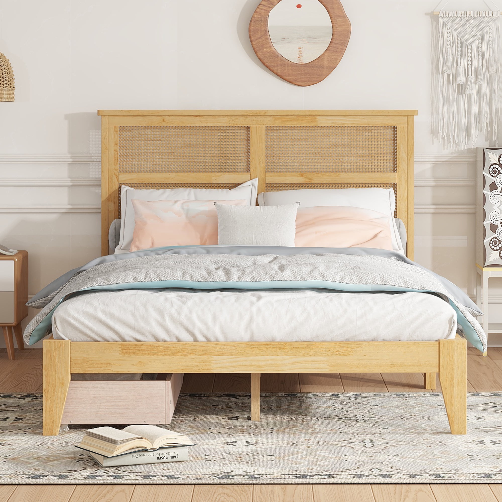 Miniyam Full Size Bed with Rattan Headboard, Storage Drawers for Adult, Oak