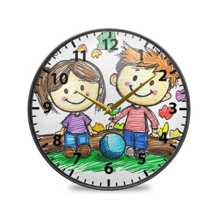 Children Playing Ball Wall Clock Modern Decor Acrylic Clock Golden Hands 9.5in