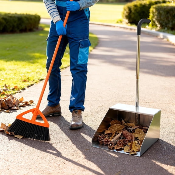 Efoee Extra Large Dust Pan with Long Handle,Heavy Duty Metal Dust Pan for Jumbo Debris Pan-Commercial Stand up Dustpan,Wide Mouth Outdoor Dustpan for Courtyards/Garage/Sidewalks-Professional Cleaning