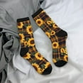 thumbnail image 5 of Daiia Brown Blue Plaid Sunflower Print Crew Socks – Soft Breathable Long Socks for Men & Women, Moisture-Wicking & Comfortable Daily Wear Socks, One-Size Fits Most (US 5-11), 5 of 6