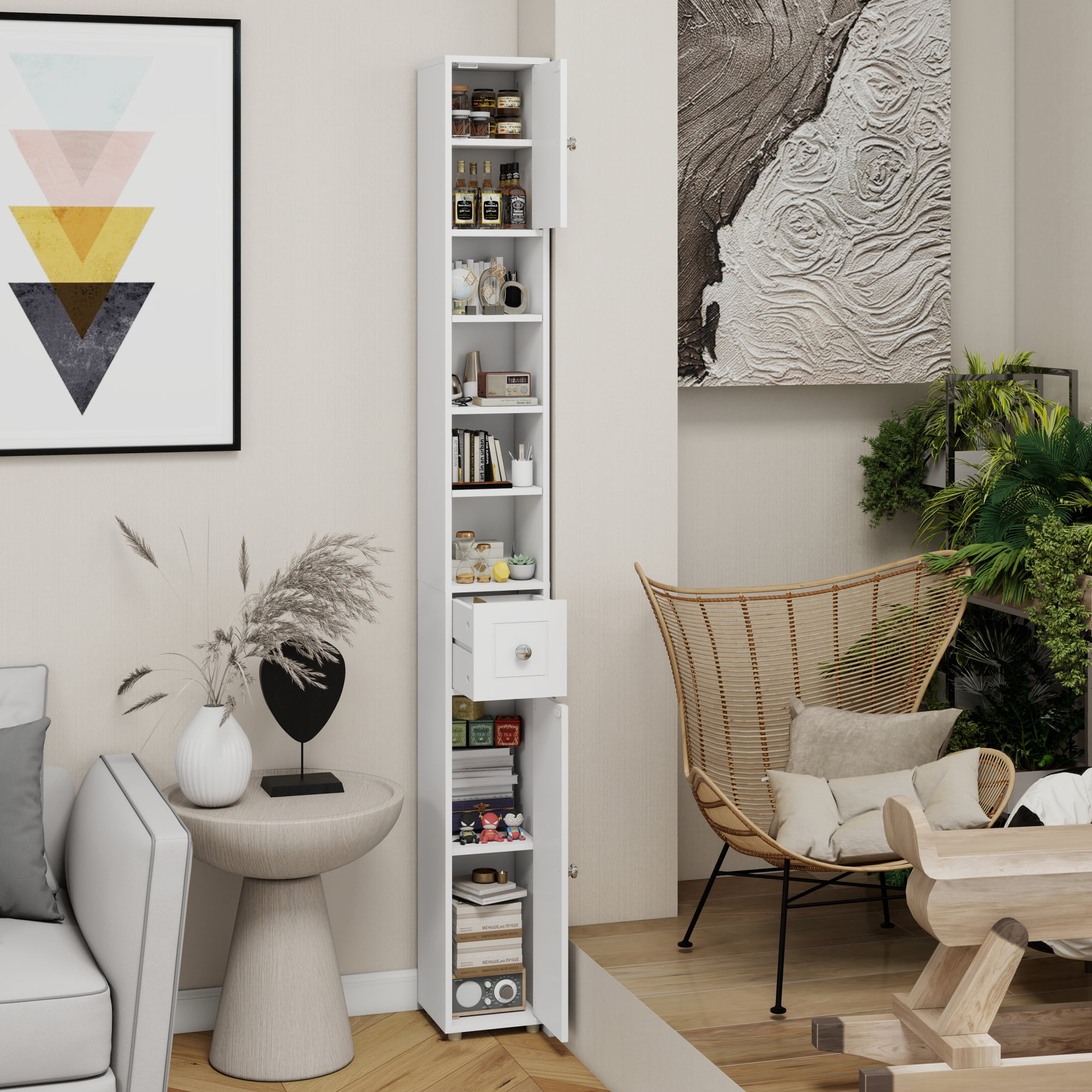 Leumius 71" Tall Bathroom Storage Cabinet,Tall Slim Freestanding Bathroom Cabinet with 1 Drawer, 2 Doors and 4 Adjustable Shelves for Small Space,Living Room,White