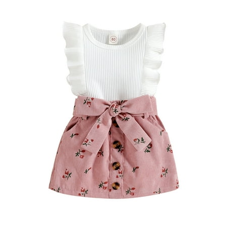 

Toddler Baby Girls Clothes Sets Ruffle Sleeveless Knit T Shirts+Floral Button A Line Skirts with Belt 2Pcs Summer Outfit