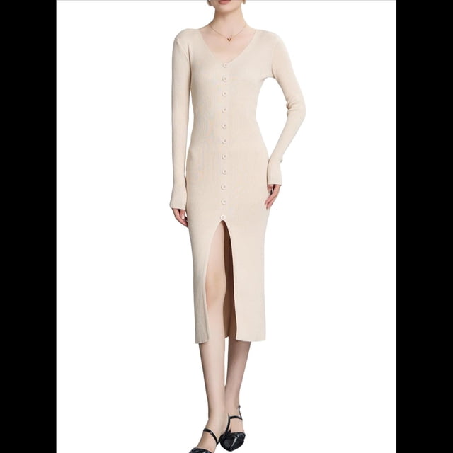 Vestido Tipo Suéter con Cuello en V, Abertura Frontal y Botones Acanalados para Mujer Crema L