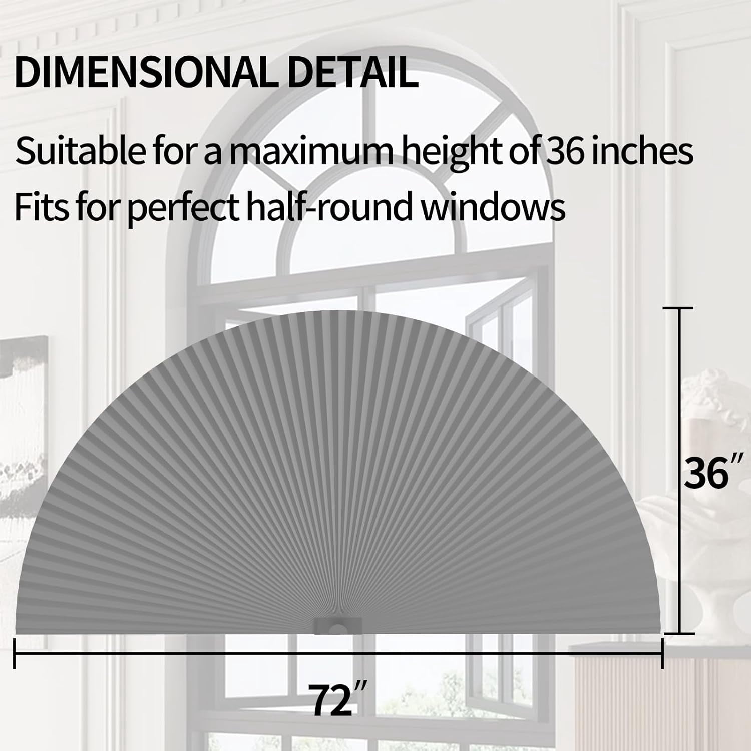 Arch Window Shades Half Circle Blackout Cellular Shades Cordless No Drill Blinds for Windows Half Moon Honeycomb Fabric No Tools Room Darkening Shades Easy Install (1PCS Grey 72" W X 36" H)