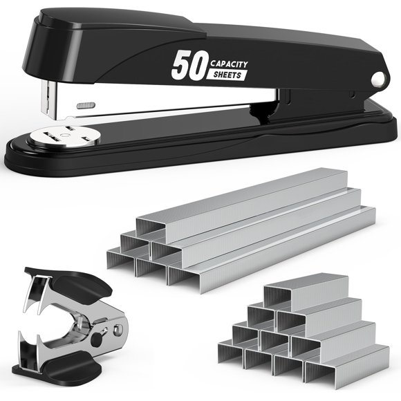 Grapadora Swihauk de metal, resistente, con capacidad para 50 hojas, color negro