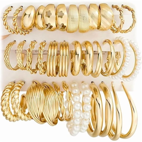 ccwmincc Gold Hoop Earrings Set for Women, 18 Pairs Hypoallergenic Statement Open Pearl Hoops Earring for Multipack, Gold Chunky Hoop Earrings for Women Trendy Jewelry