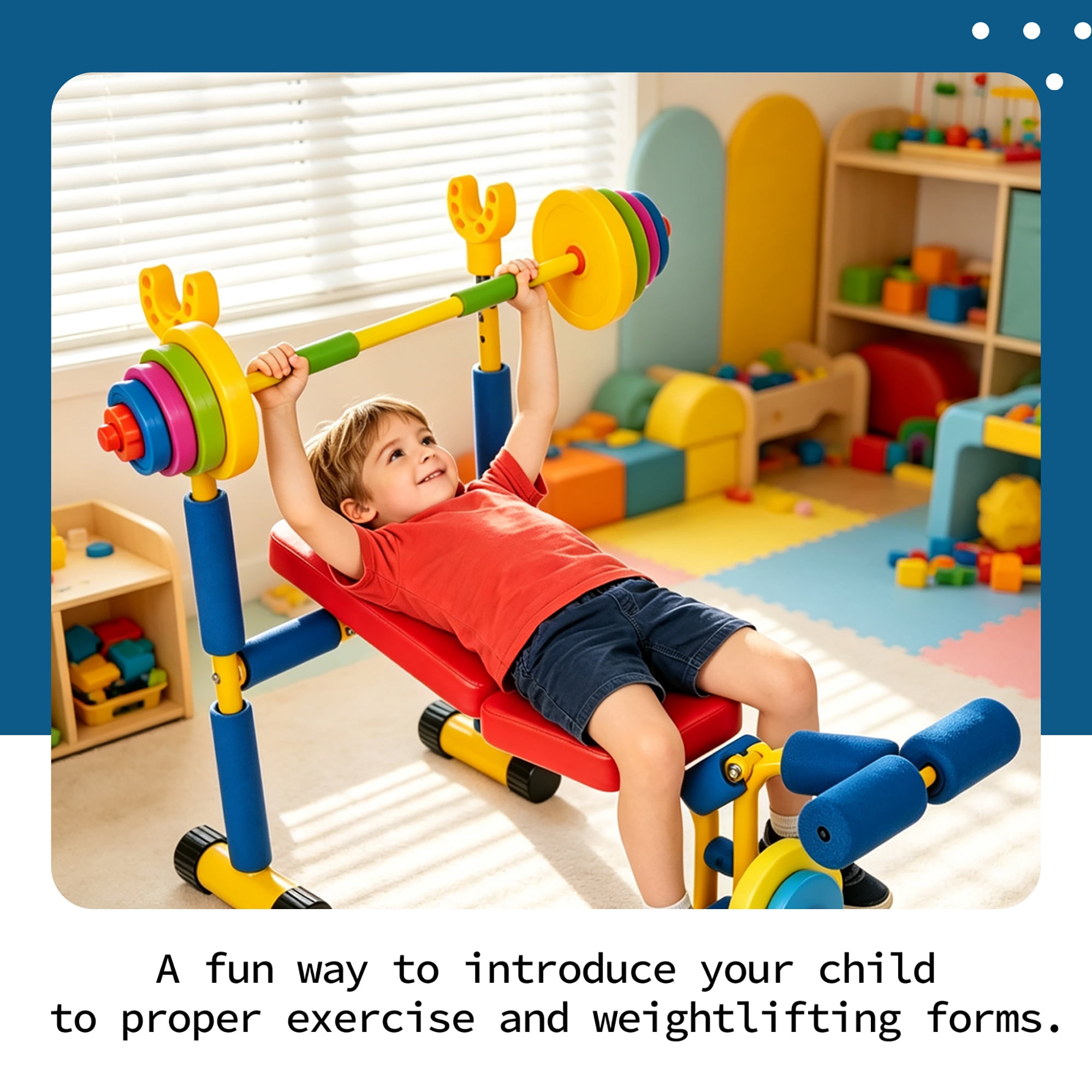 Easy Playhouse: Kids Weight Bench Press - Colorful Adjustable Barbell Rack, Toy Exercise Equipment, Water-Sand Fillable Plates, Foam Wrapped Frame