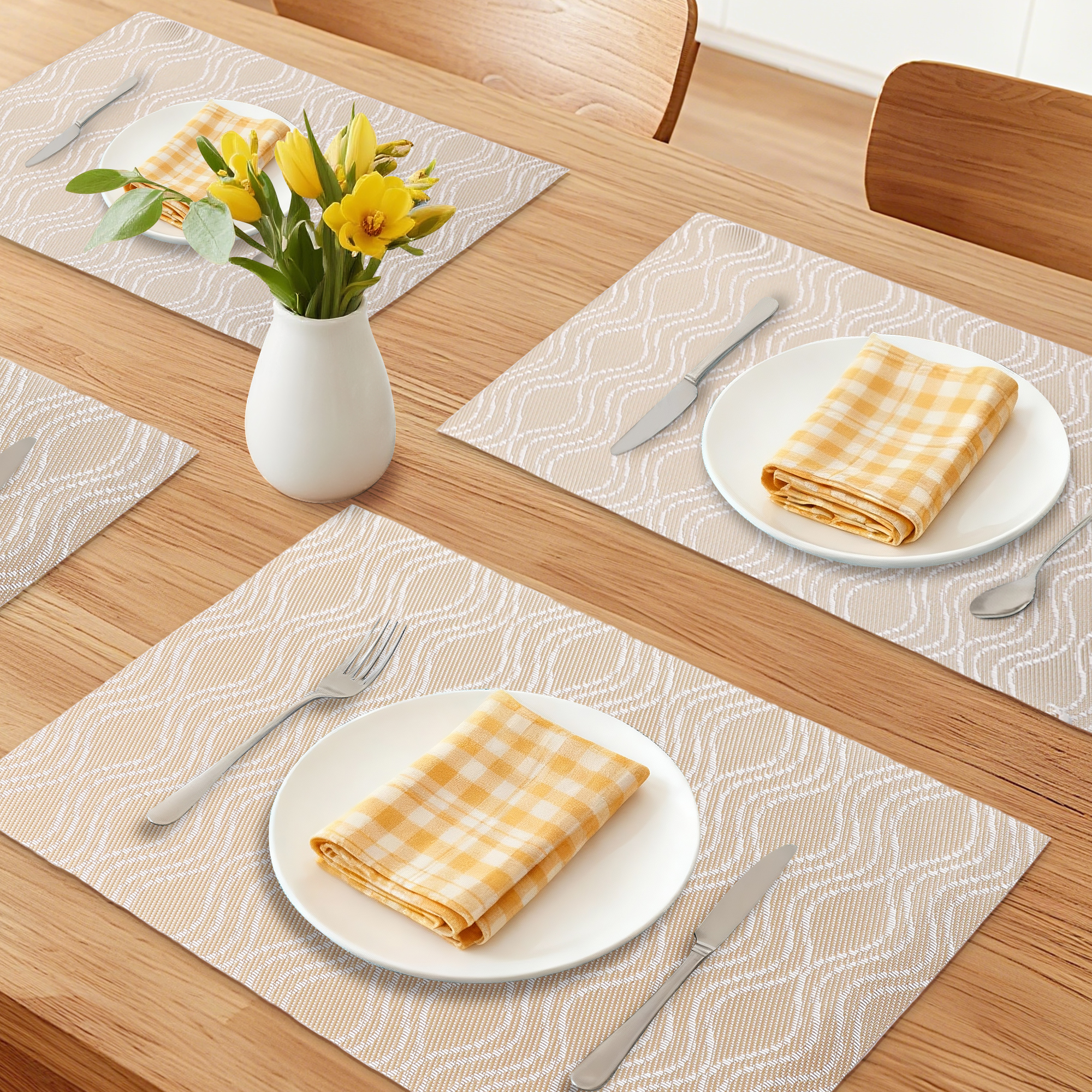 Unique Bargains Set of 6 Plastic Placemats Kitchen Mat for Dining Table Decor Gold
