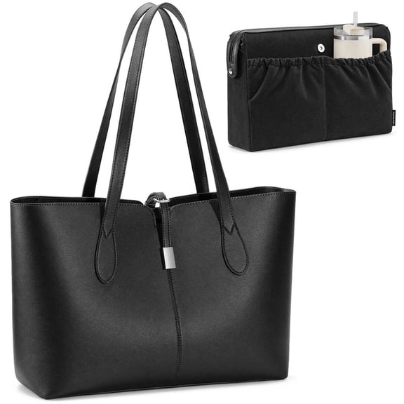 Topeast Leather Tote Bags for Women, Large Shoulder Work Bags with Small Purse, Waterproof Leather Handbags Purse for Women Mother Wife, Black