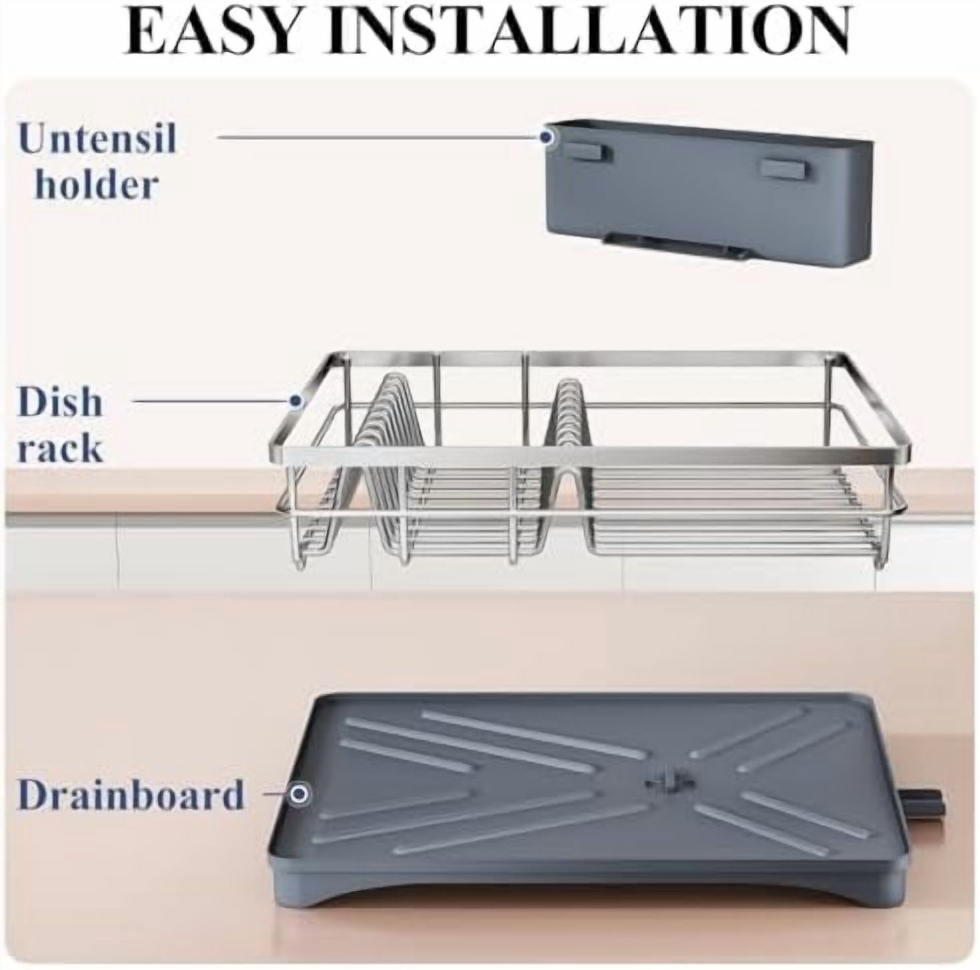Dish Drying Rack for Kitchen Counter - Stainless Steel Dish Rack with Drainboard, Large Dish Drainer with Utensil Holder for Sink, Silver
