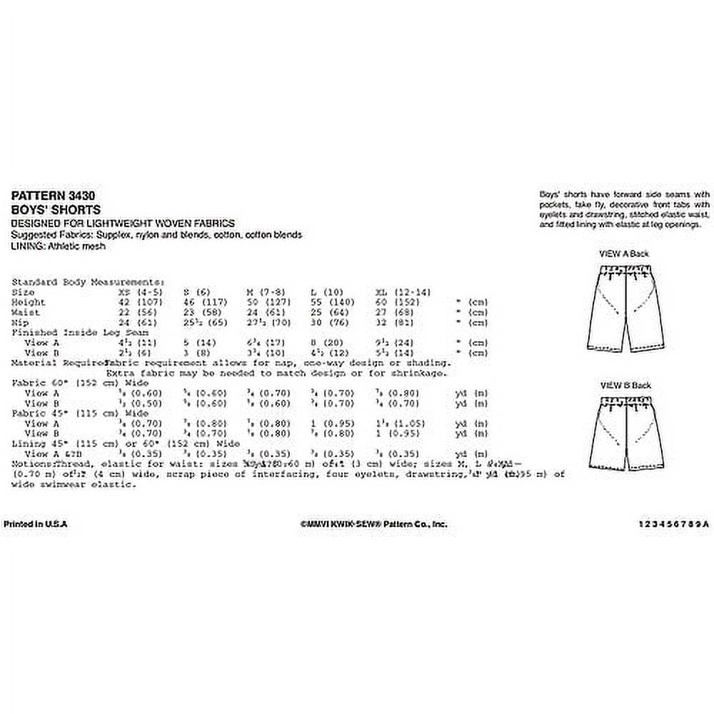 Kwik Sew Pattern Shorts, XS (4, 5), S (6), M (7, 8), L (10), XL (12)