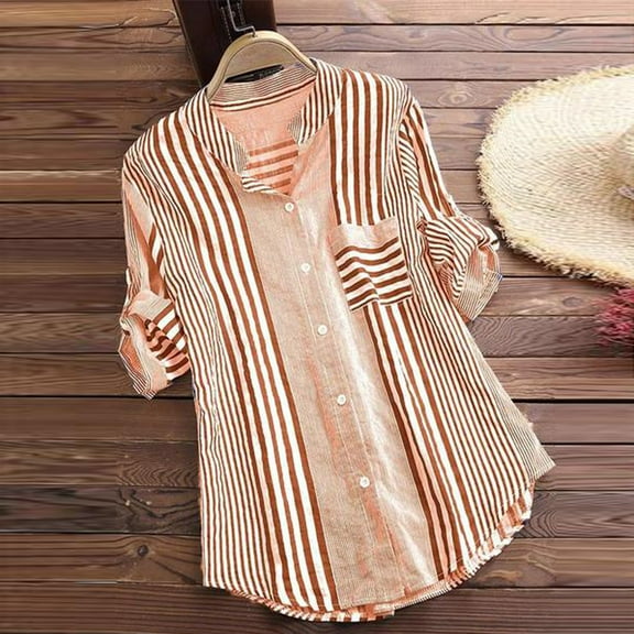 YEJIMAN Orange Plus Size Tunic Tops For Women, cotton blend Cotton Tshirts For Women, Women Plus Size Three Quarter Striped Print V Neck Loose Fit Top T Shirt Blouse