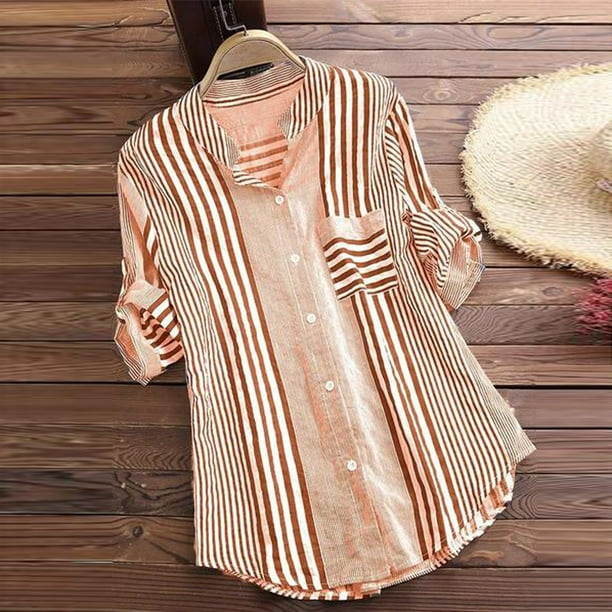 Pntutb Blusa de camiseta suelta con cuello en V y estampado de rayas de tres cuartos de talla grande para mujer Pntutb Pntutb-145