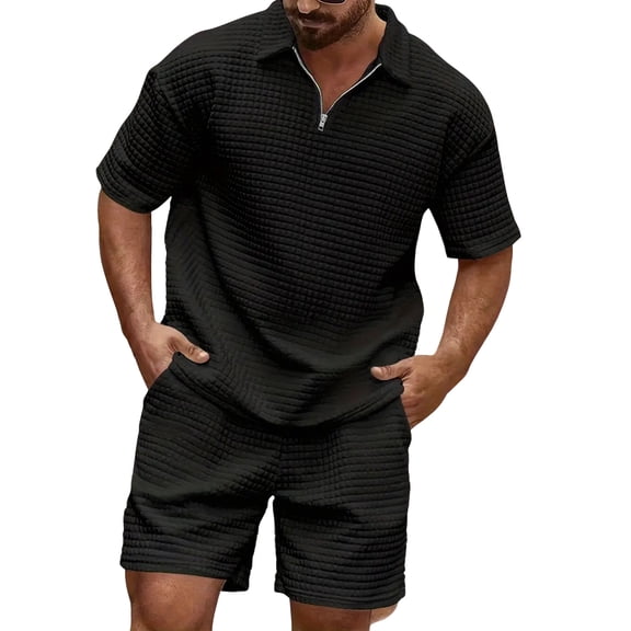 Nestiefly Men's 2 Piece Waffle Knit Outfit Half Zip Polo Shirt and Shorts Textured Summer Set Vintage Loose Sweatsuit Plus Size Black L