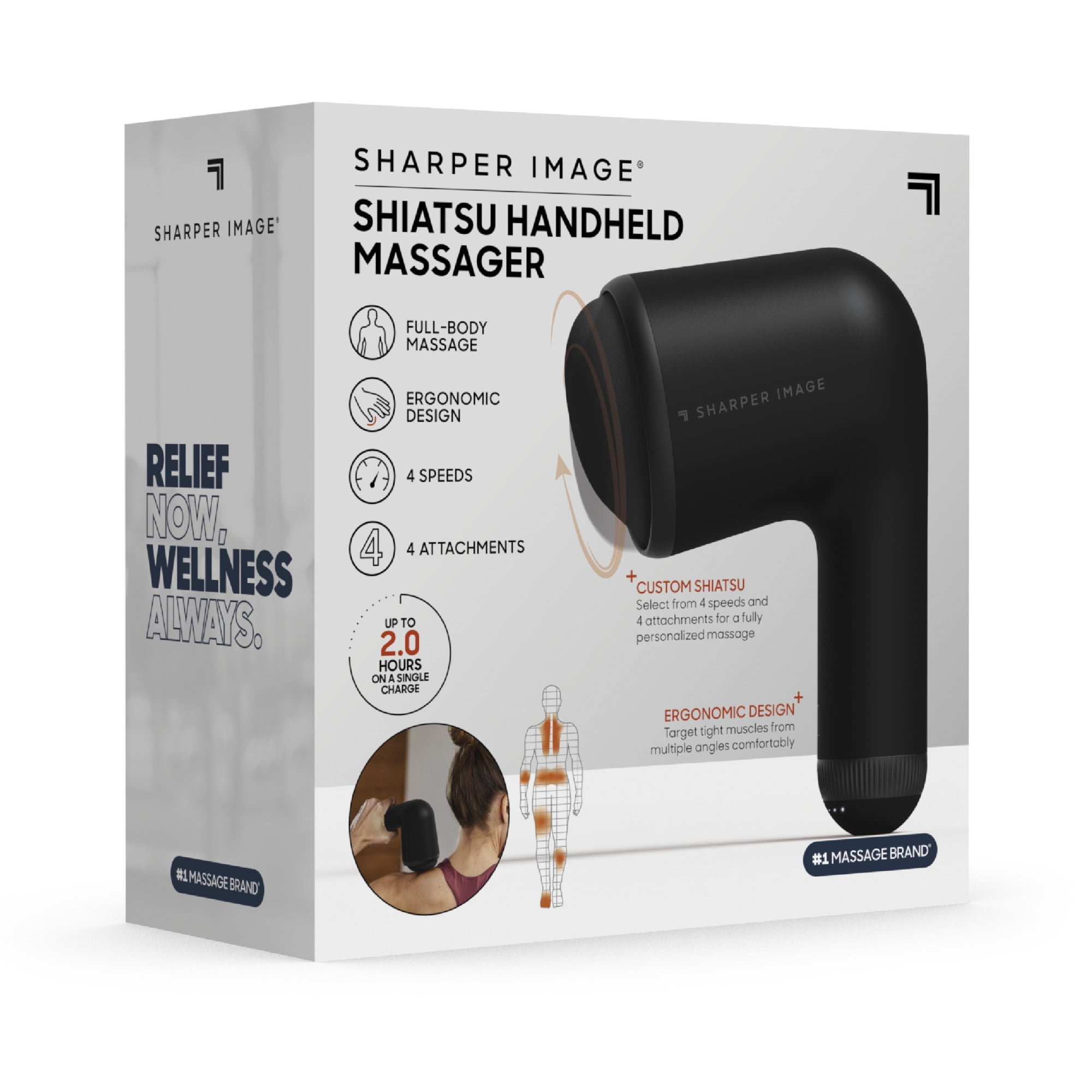 Sharper Image® Shiatsu Handheld Massager, Cordless Rechargeable Electric Massager, Deep Tissue, 4 Speed Settings, 4 Interchangeable Attachments, Ergonomic Handle, USB-C Charging