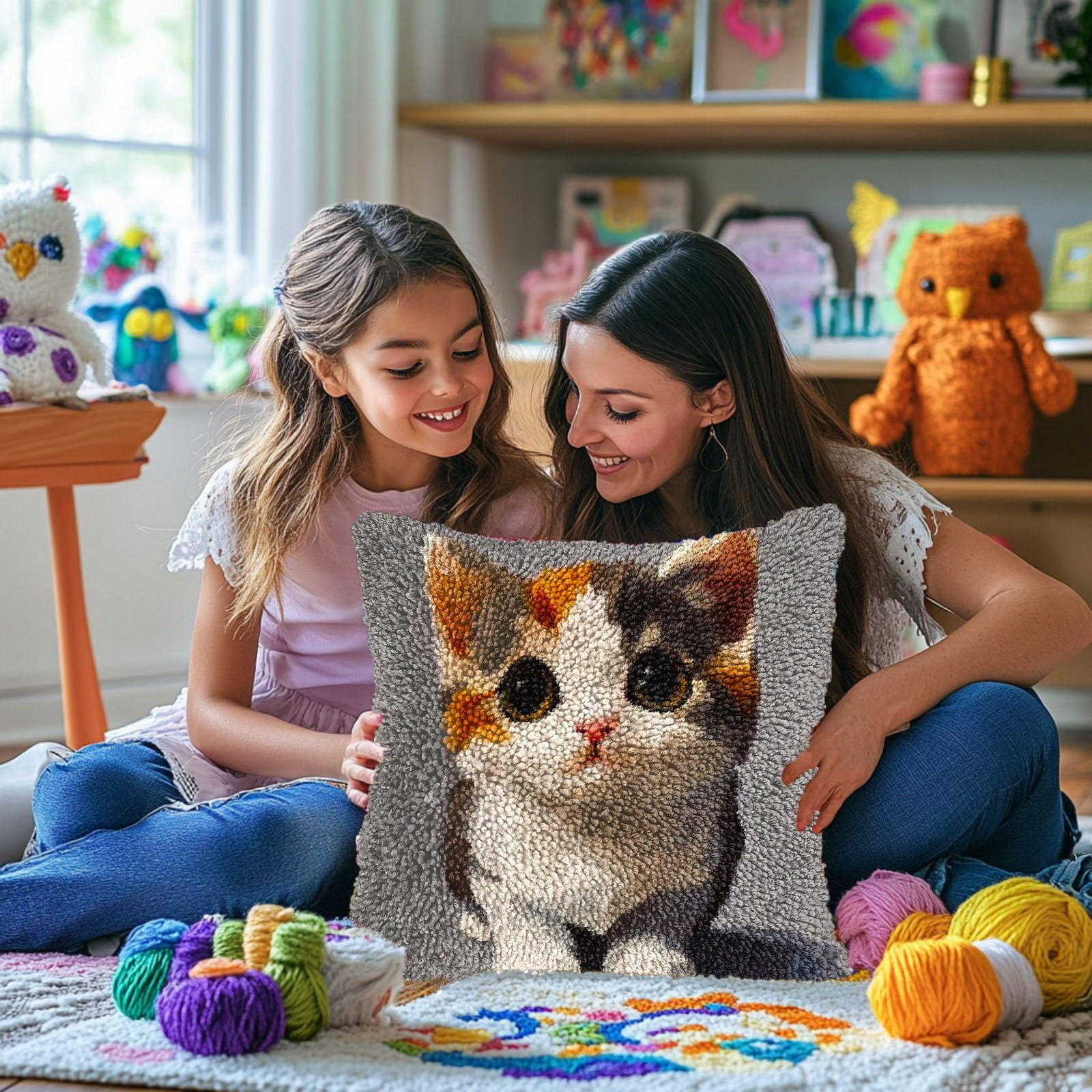 Cute Cartoon Cat DIY Latch Hook Pillow Kits for Adults Printed Pillowcase Crochet Yarns Hooking Handmade Pillow Cover Cushion for Home Sofa Decoration 17x17inch