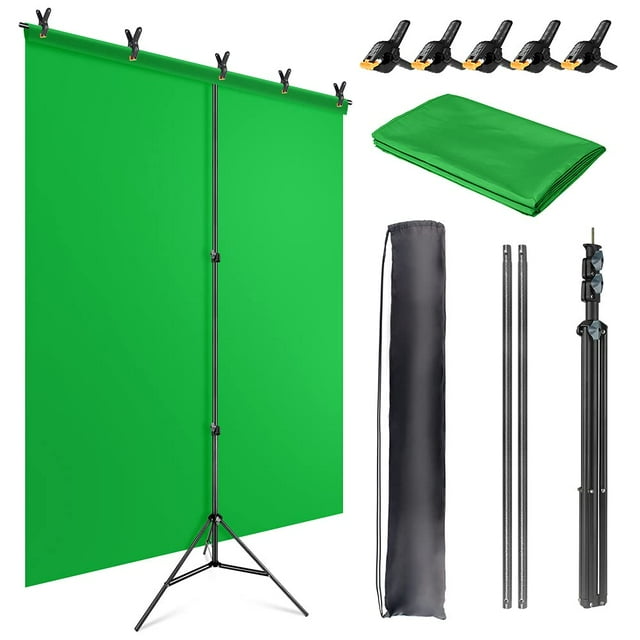JEBUTU 5X65ft green Screen Backdrop with Stand Kit, green Screen with T-Shape Background Support Stand, Portable green Screen Stand Kit with carrying Bag & 5 Spring clamps for Zoom, Video, Streaming