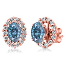 Gem Stone King 18K Rose Gold Plated Silver Persian Blue Moissanite Stud Earrings with Removable Jackets for Women (1.26 Cttw, Gemstone Birthstone, Oval 6X4MM)