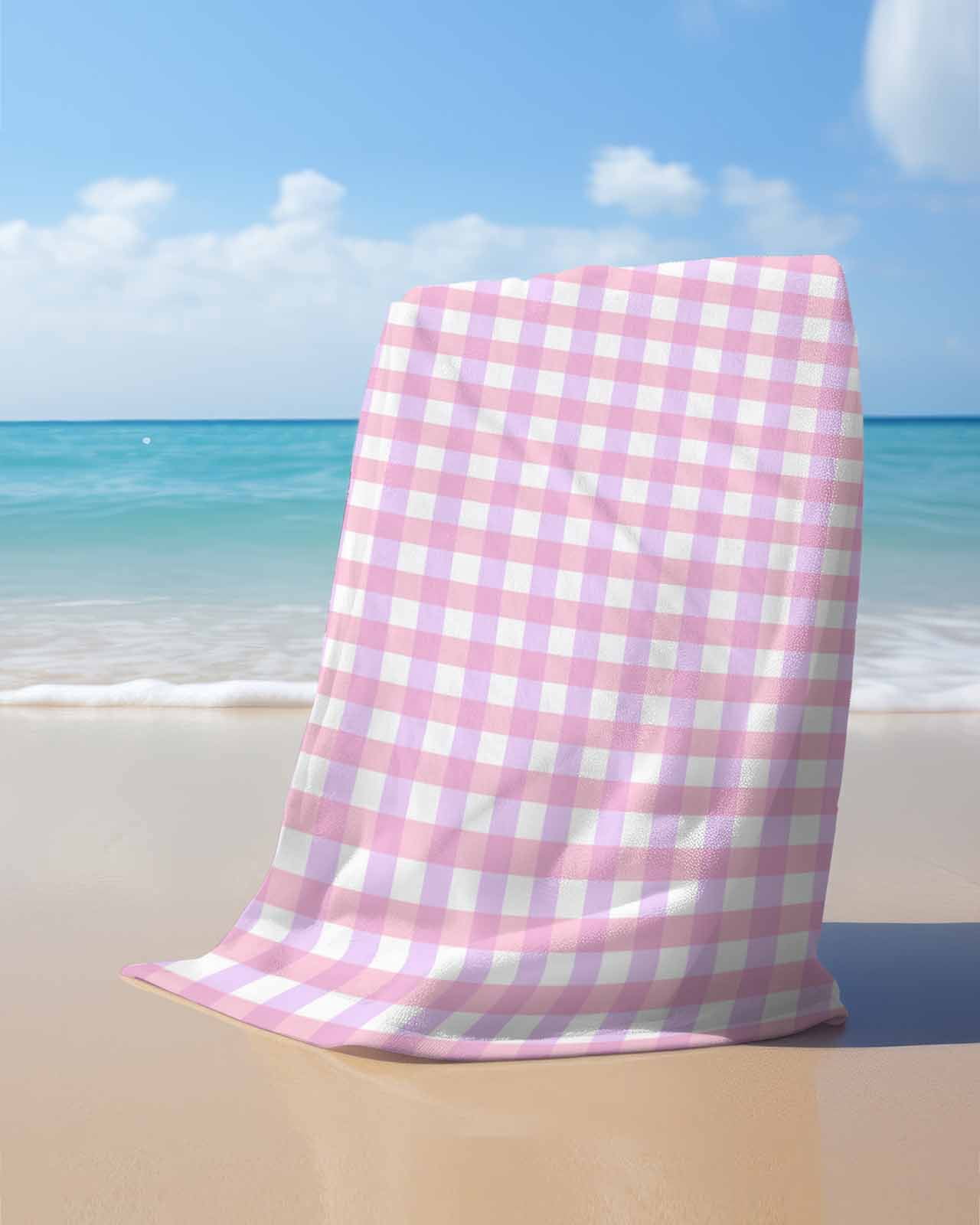 Pink Grid Beach Towels Oversized Super Absorbent, Checkered Plaid Gingham Lattice Trellis Print Lightweight Bath Towel Quick Dry Sets For Bathroom/Pool/Rv Camping/Beach Play/Gym Room/Picnic 35"x70"