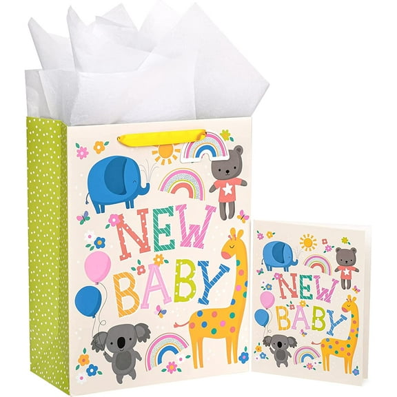 WRAPAHOLIC Giraffe-Printed Gift Bag Set with Card and Tissue Paper, 10" x 13", Baby Shower