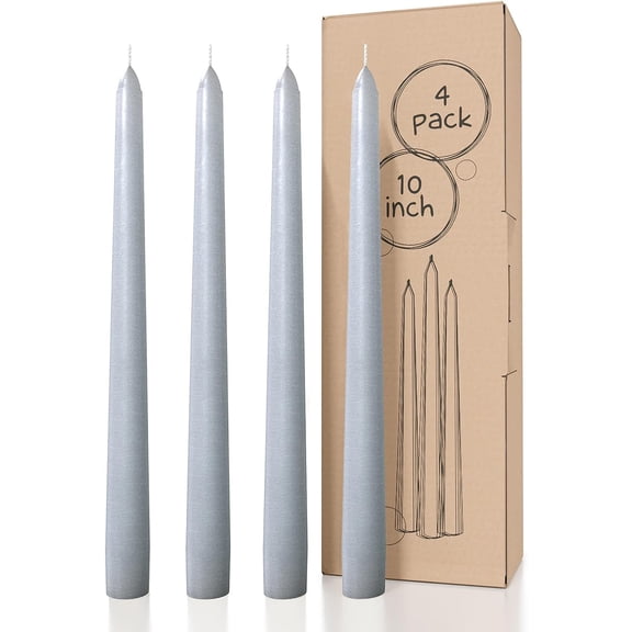 10 inch Taper Candles - Set of 4 Dripless Unscented Candlesticks - Perfect for Dinner and Household Use - Light Gray