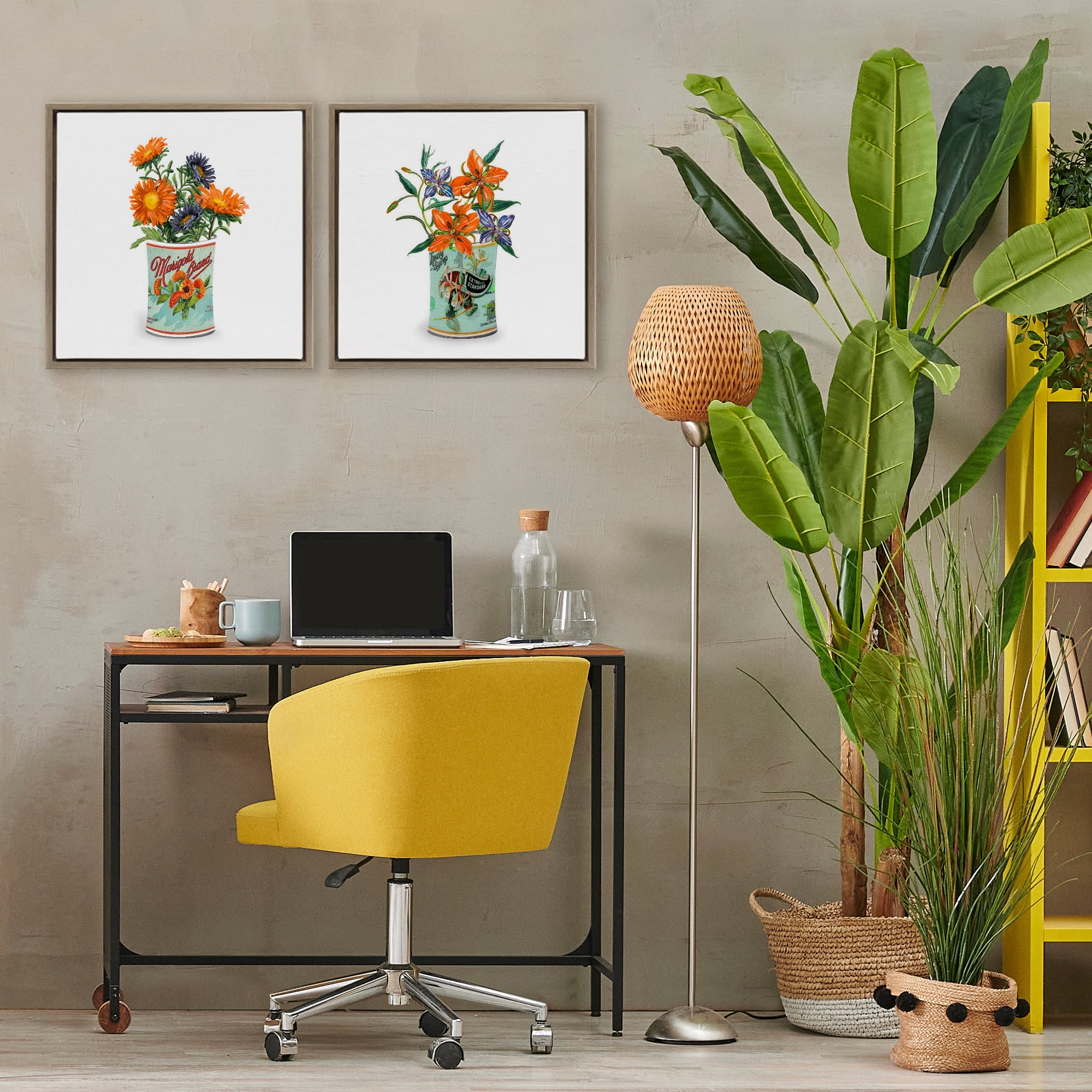 Stupell Industries Nostalgic Marigold & Lily Bouquets 2 Piece Brown Framed Floater Canvas Set, design by Val Rhodes