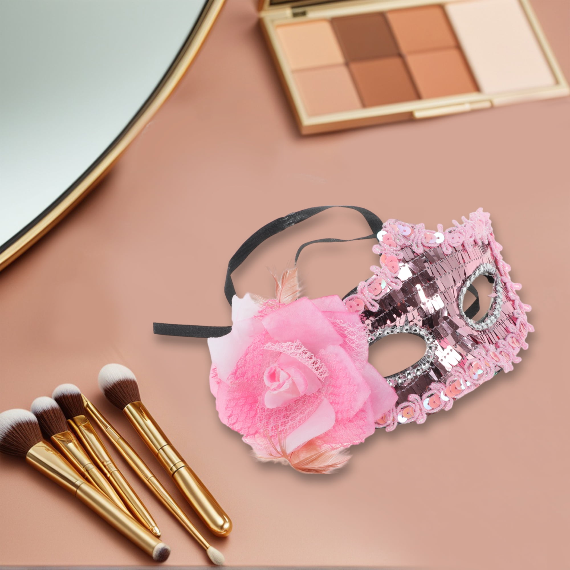 Unique Bargains 1 Box Elegant Floral Sequins Half Face Party Mask Pink