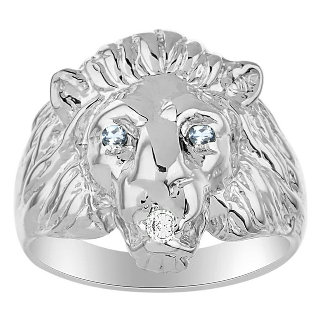 RYLOS Lion Head Ring with Gemstone Eyes & Diamond Mouth – Fun Designer Rings in Sterling Silver Aquamarine Jewelry Size 6
