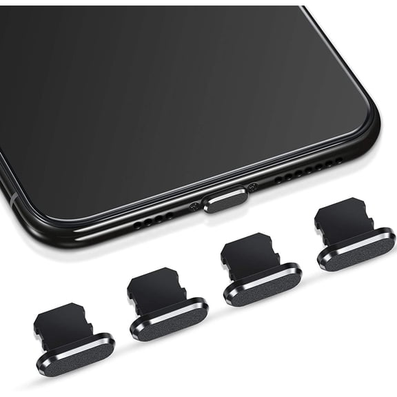 CoolStuff 4 Anti Dust Plugs, Protects Charging Ports, Compatible with iPhone 11, 12, Pro, Max/X/XS/XR, 7, 8 Plus, iPad Mini/Air (Black, 4 Pieces)