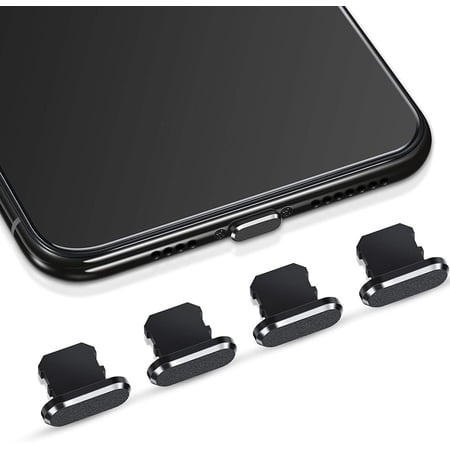 CoolStuff 4 Anti Dust Plugs, Protects Charging Ports, Compatible with iPhone 11, 12, Pro, Max/X/XS/XR, 7, 8 Plus, iPad Mini/Air (Black, 4 Pieces)