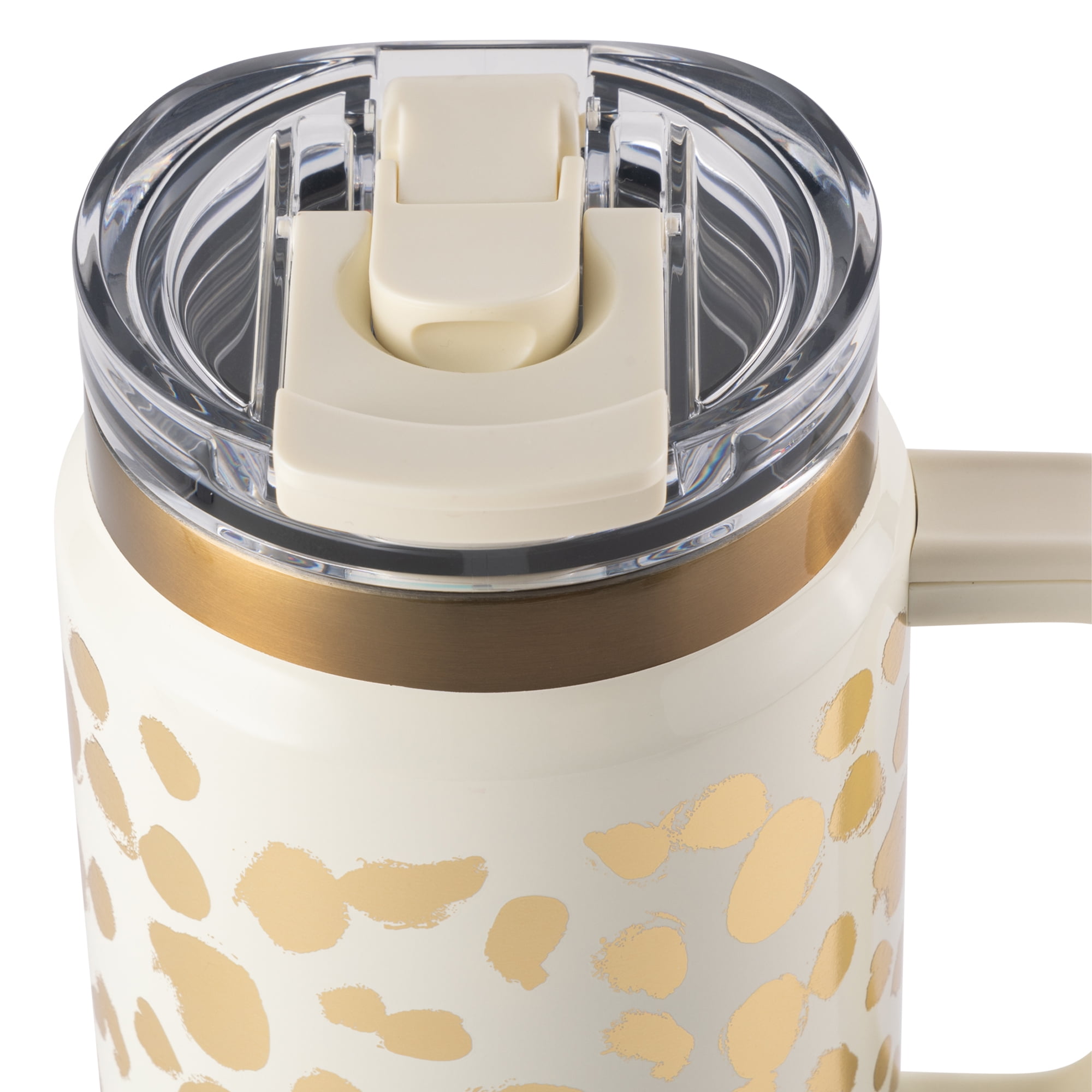 Thyme & Table 32 fl oz Stainless Steel Luna Tumbler with Handle and Dual Straw Lid, Cream & Gold Dot