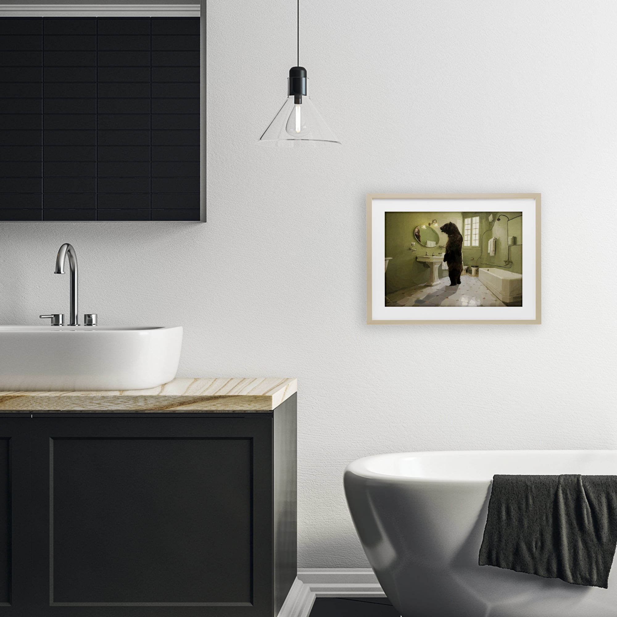 The Houseguest Bear in Bathroom Birch Framed Print Under Glass, design by Keith Thomson